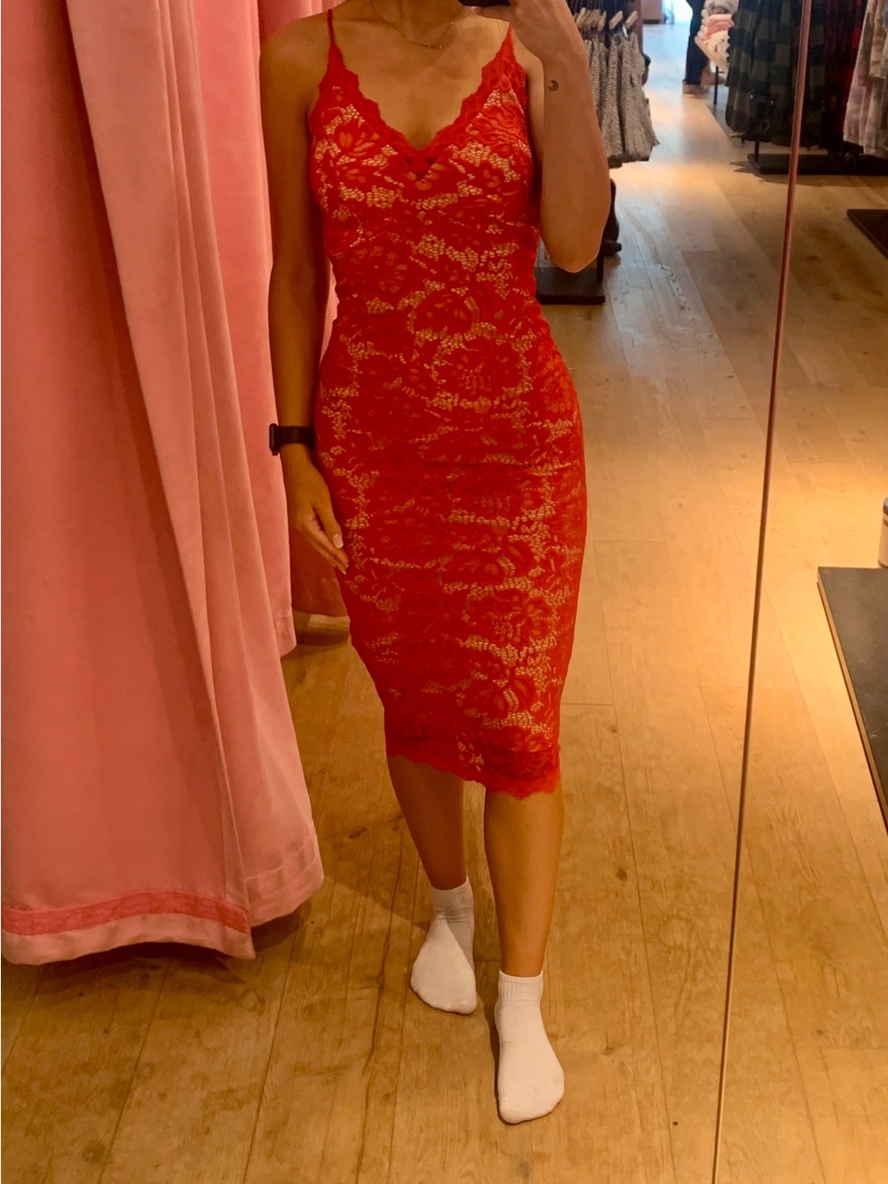 Scalloped V-Neck Red Lace Midi Slip Dress